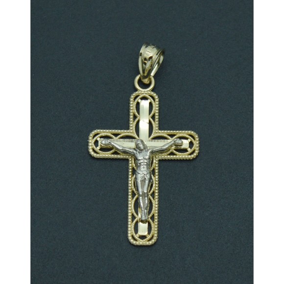 Real 10K Solid Yellow White Gold Diamond Cut Jesus Cross Pendant 1.1grams - Picture 1 of 6